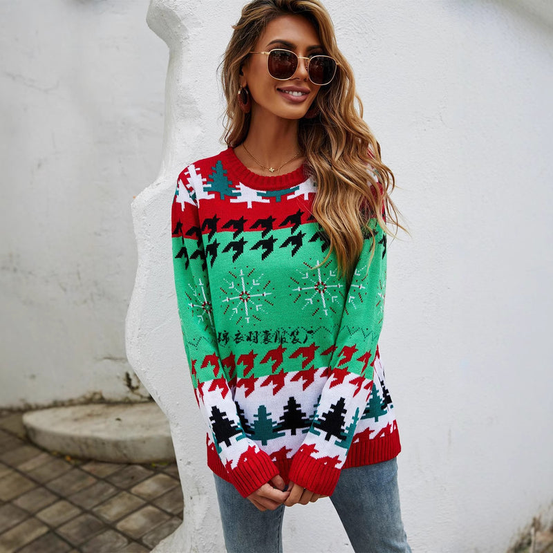 Christmas sweater with Christmas tree print pullover sweater